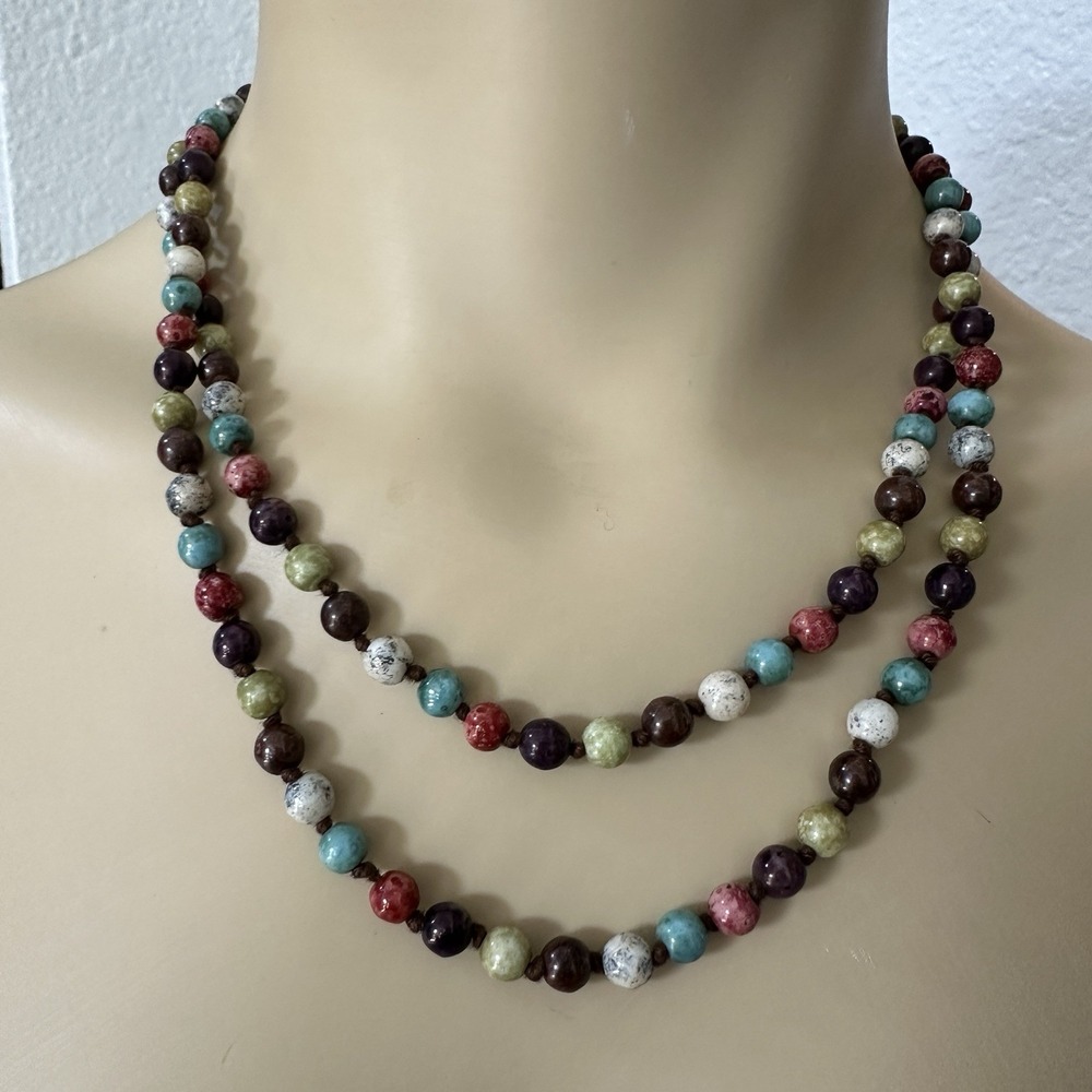 Vintage 2 Item Lot Art Glass Necklace 17-18.5 Inch Multicolor Beads Knotted Boho